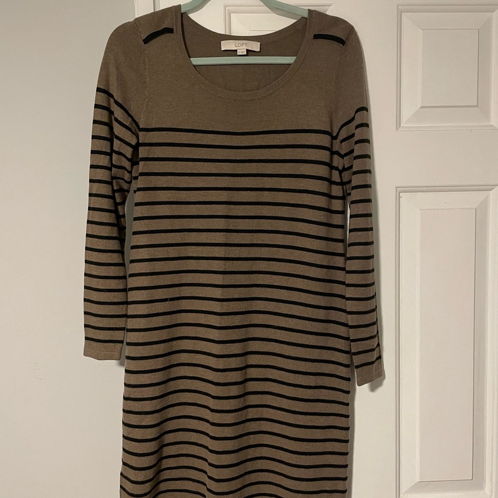 LOFT Long Sleeve Brown and Black Striped Sweater Dress